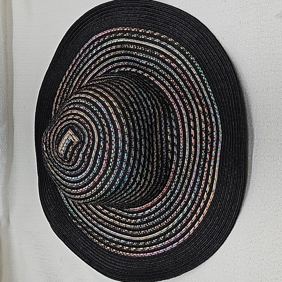 INC Sun-Hat Rainbow Weaved Striped Floppy Hat Black l Packable Wide-Brim NWT - Picture 1 of 7